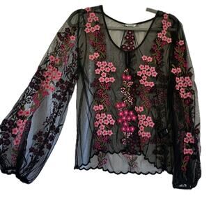 St Roche M Sheer Top Embroidered Floral Pink on Black Sheer Mesh Whimsygoth Y2K